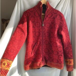 Icelandic Design Wool Fair Isle Nordic Knit Red Sweater Jacket Medium Scandigirl